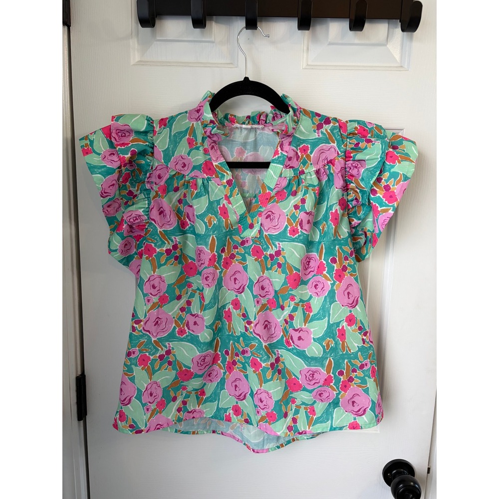 THML Anthropologie S Floral Ruffle Flutter Sleeve Blouse Pink Teal V-Neck Top
